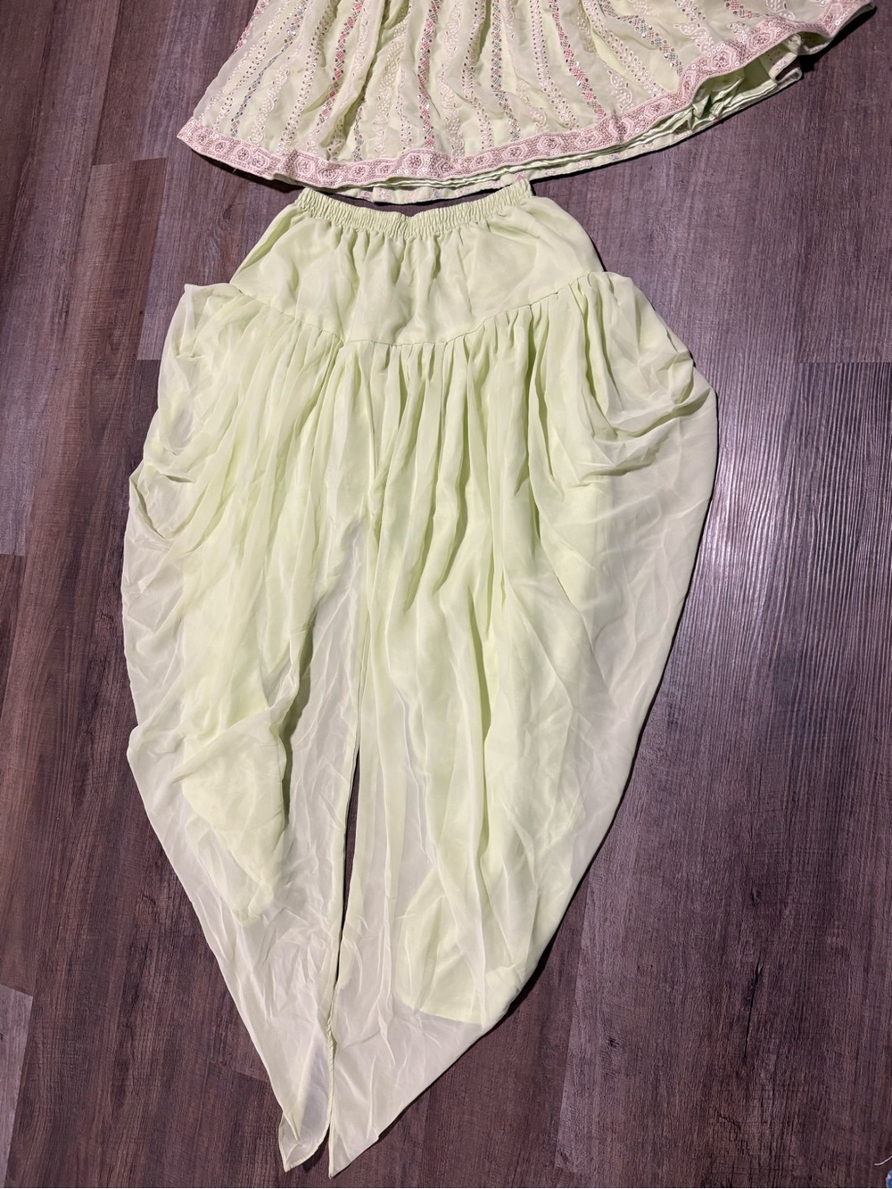 Embroidered Pale Lime Peplum Top with Draped Chiffon Skirt - ethnic Indian wear - Picture 5 of 7